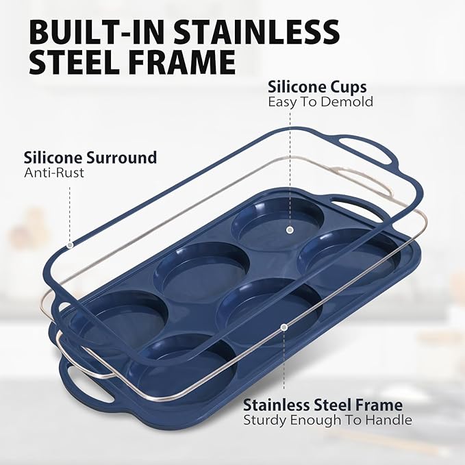 2Pcs Jumbo Silicone Muffin Top Pan 4 Inch with Metal Frame, Non Stick Silicone Egg Mold for Oven, Large Whoopie Pie Baking Pan with Handle for English Breakfast Sandwich, Egg Bite, Bun Tart Grey