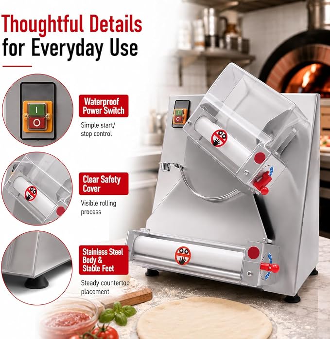 Pizza Dough Roller Sheeter, 4-12" Commercial Electric Automatic Pizza Press Making Rolling Machine, Adjustable Thickness 0.03-0.2 Inch, Stainless Steel Dough Machine for Noodle Bread & Pasta Maker