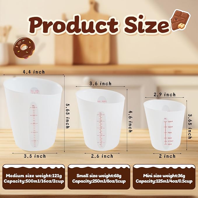 Food-Grade Silicone Measuring Cups for Melting Chocolate, 3Pcs BPA Free Silicone Baking Measuring Cups with 1/2Cup/1Cup/2Cup Capacity, Reusable Silicone Cups for DIY Chocolate Mold
