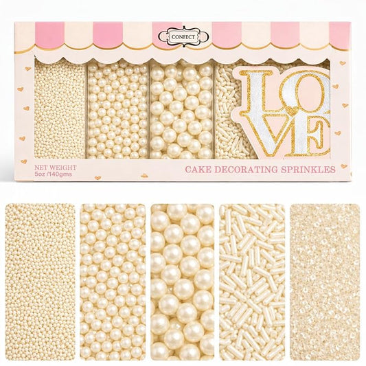 Confect Sprinkles for Christmas Cakes & Cupcakes Decoration | Birthday Sprinkles | Assorted Pack of 5 Wedding Glamour Pearls | Mix Dragees, Jimmies & Sparkling Sugar | Vegan, Gluten-Free, Soy-Free, Dairy-Free, Palm Oil-Free- 5 Oz