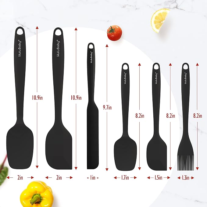 Permanent Warranty Silicone Spatula Set of 6 Seamless One-Piece Non Stick Heat Resistant up 600°F Kitchen Utensils Cooking Baking (Black)