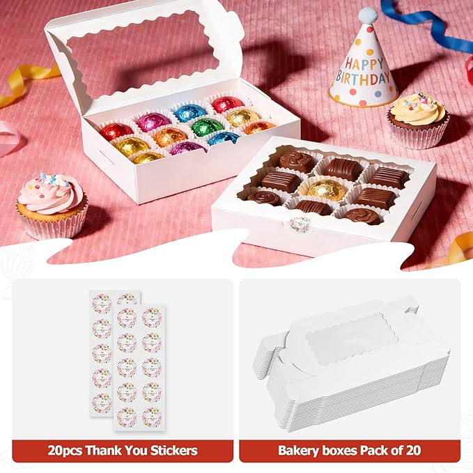 20pcs Cookie Boxes with Window, 9x6x2.5 Inches White Bakery Boxes for Dessert, Treat, Pastry, Donut, Chocolate Covered Strawberry - Baked Goods Packaging for Holiday Gift Giving