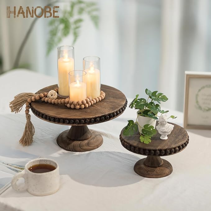 Hanobe Round Wood Cake Stand: Cupcake Pedestal Stand 12 inch Dessert Display Riser Distressed Rustic Cakes Holder Tray Vintage Beads Wooden Plate for Christmas Wedding Birthday Decor