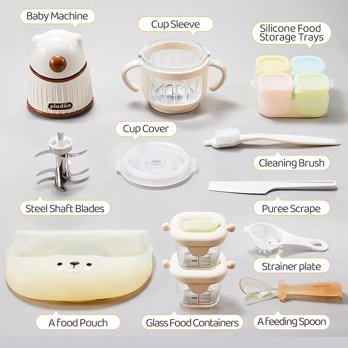 Baby Food Maker Set with 316 Steel Blades & Glass Bowl, White Baby Food Blender with A Feeding Spoon, A Bib, 4 Separate Food Ice Cube Trays and Two 7oz Food Storage