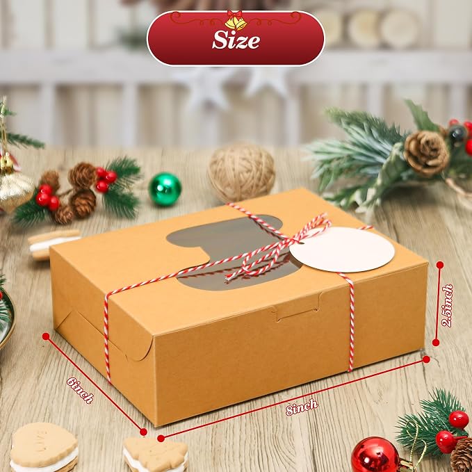 COTOPHER 18Pcs Christmas Cookie Boxes with Window, 8x6x2.5 inch Brown Bakery Boxes for Gift Giving, Kraft Treat Boxes Dessert Boxes for Cakes Donuts Chocolate Strawberries Pastries Muffins