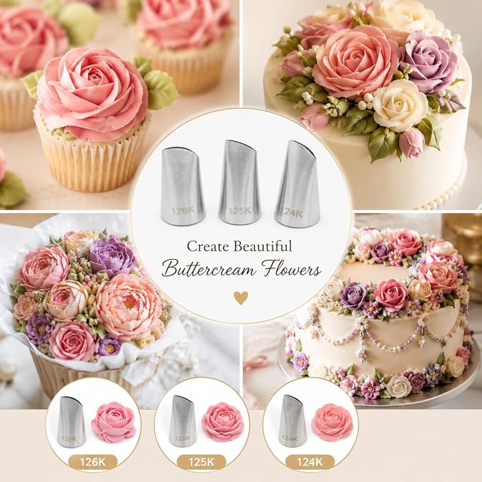 3 Pcs Korean Flower Piping Tips Set, Stainless Steel Flower Tubes 124K 125K 126K for Buttercream, Frosting Nozzles for Korean-Style Flowers, Peonies, Roses, Ranunculus