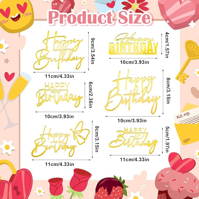 6Pcs Gold Acrylic Cake Toppers - Happy Birthday Sign Picks & Decorations for Celebrating Birthday & Anniversary Parties