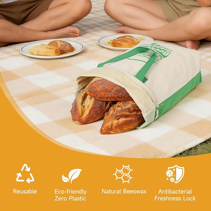 Beeswax Bread Bag 14"x17" Sourdough Bread Storage, Reusable Linen Bags with Wide Zipper & Double-Sided Print, Freezer Safe for Homemade Artisan Loaves