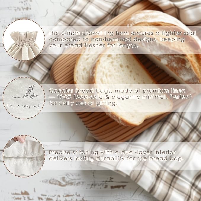 ‌2 Pack Reusable Linen Bread Bags for Homemade Sourdough - Eco-Friendly Storage with Proofing Bowl Cover | Baking Accessories & Sustainable Kitchen Essentials, Cream white