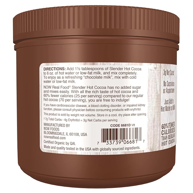 NOW Foods, Organic Cocoa Lovers™ Slender Hot Cocoa, No Sugar Added, Certified Non-GMO, Kosher, 10-Ounce (Pack of 2)
