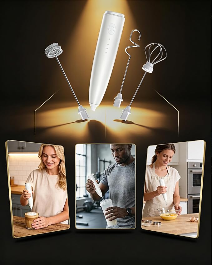 Milk Frother Handheld,Portable Electric Drink Mixer/Wand,Egg Whisk (White) | USB C Rechargeable | 3 Adjustable Speeds | 3 Detachable Whisks | Quiet Operation | For Coffee, Latte, Matcha,protein powder