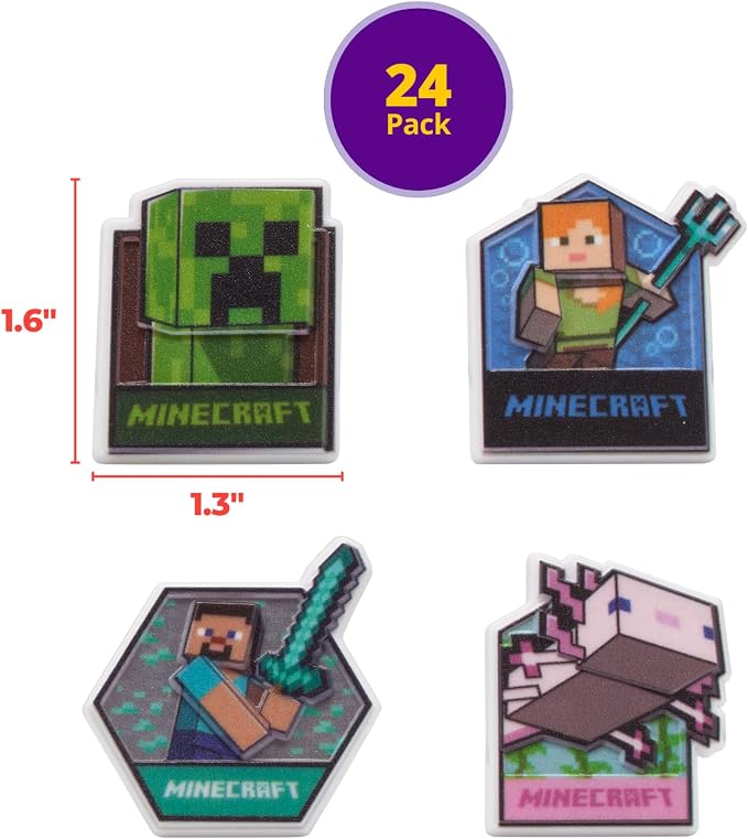 DecoPac Minecraft Lush Finds Rings, Cupcake Decorations Featuring Creeper, Alex, Steve and Axolotl! Multicolored 3D Food Safe Cake Toppers – 24 Pack
