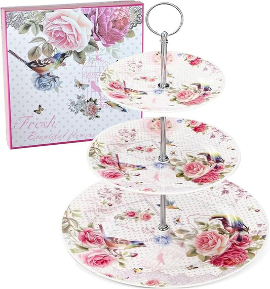 ONEUSTAR 3 Tier Cupcake Stand Ceramic Tiered Serving Cake Stand Floral Dessert Stand for Wedding Birthday Tea Party Pastry Serving Tray in a Gift Box