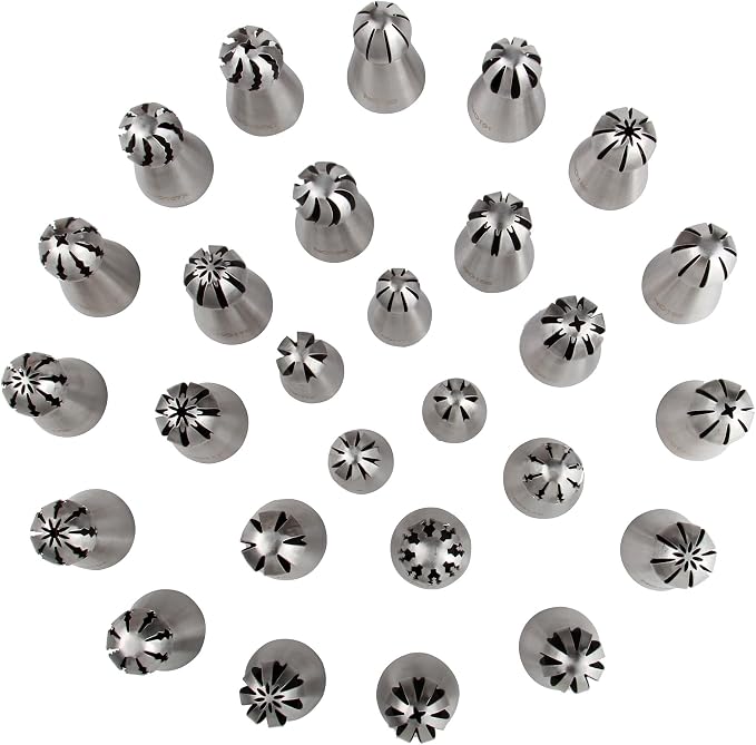 27 Pcs Extra Large Stainless Steel Seamless Russian Flower Ball Piping Tips Set with 1 Cleaning Brush,1 Reusable Pastry Bag,2 Flower Nails,2 Small Leaf Tips,1 Plastic Coupler for Cake Decorations