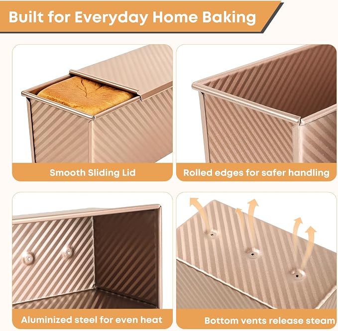 Pullman Loaf Pan with Lid Set of 3, Aluminized Steel Bread Pans for Homemade Sandwich Bread, 4 Inch Mini, 8.4 Inch Daily and 13 Inch Family Loaf Pans for Oven Baking