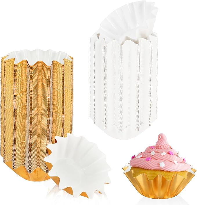 200 PCS Baking Cups Cupcake Liner Flared Muffin Wrappers (Gold+White) | Standard Greaseproof Coated Brioche Paper Cup for Wedding Birthday Holiday Party or Baby Shower