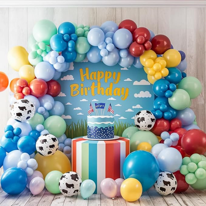 Rainbow Balloons Arch Kit, 108 Pcs Red Yellow Blue Balloon Garland with Cloud Cow Printed Latex Balloons Helium for Kids Boy Baby Shower Birthday Theme Party Decoration