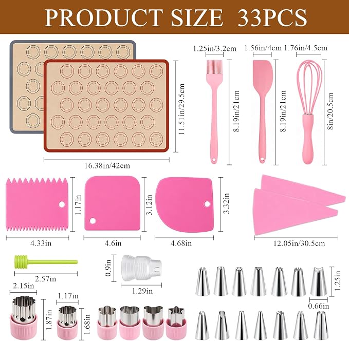 Supkiir 33 Pcs Macaron Silicone Baking Mats Kit, 2 Sheet Nonstick Macaroon Mat Silicone, 2 Piping Pastry Bag, 14 Piping Tip, 2 Coupler, 5 Scraper Set, 1 Egg Beater, 6 Embossing-Molds Macaron