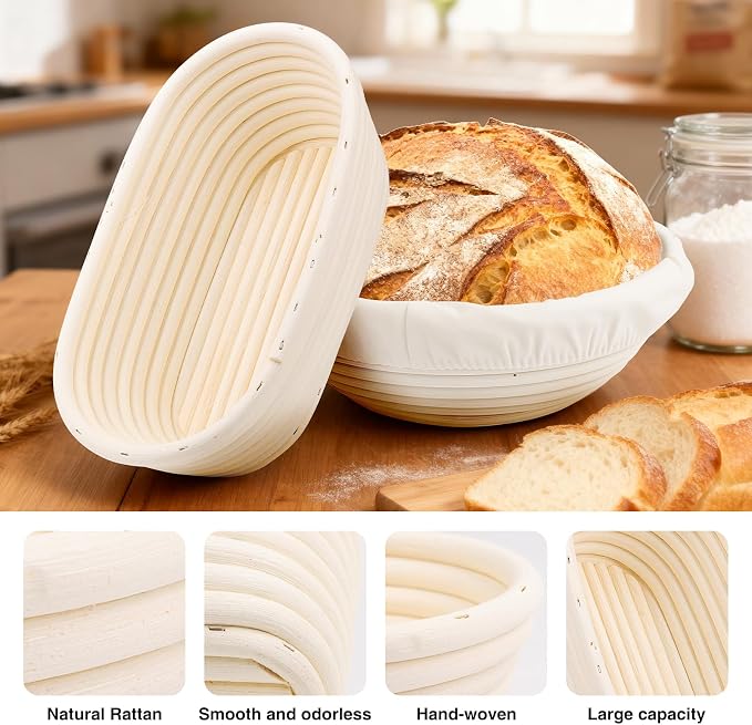 Banneton Basket Set, Complete Sourdough Baking Kit with 9'' Round and 10'' Oval Proofing Bowls Bread Baskets, Sling, and Other Bread Making Supplies Tools - Ideal for Artisan Bread