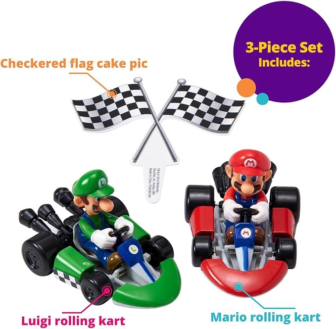 DecoSet® Mario Kart™ Cake Topper, 3 Piece Cake Decoration with Race Kart Toppers & Checkered Flag Decoration, Collectible Character Karts for Hours of Fun After the Party