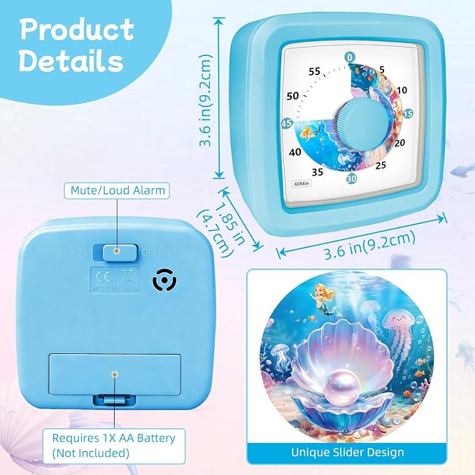 Visual Timer for Kids 60 Minute, Silent Countdown Clock with Ocean & Mermaid Design, ADHD Tools for Kids, Teacher Classroom Must Haves, Toddler Timer for Classroom Home Kitchen Homework, Blue