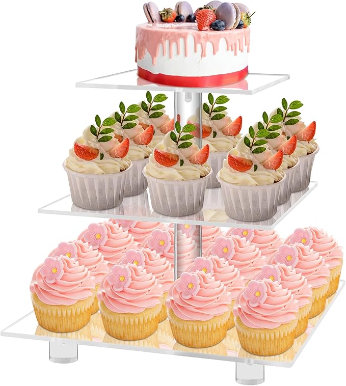 YestBuy Cupcake Stand, 3 Tier Cupcake Stand for 24 Cupcakes, Clear Acrylic Cupcake Tower, Cupcake Display Stand for Dessert Table, Muffin Holder for Party