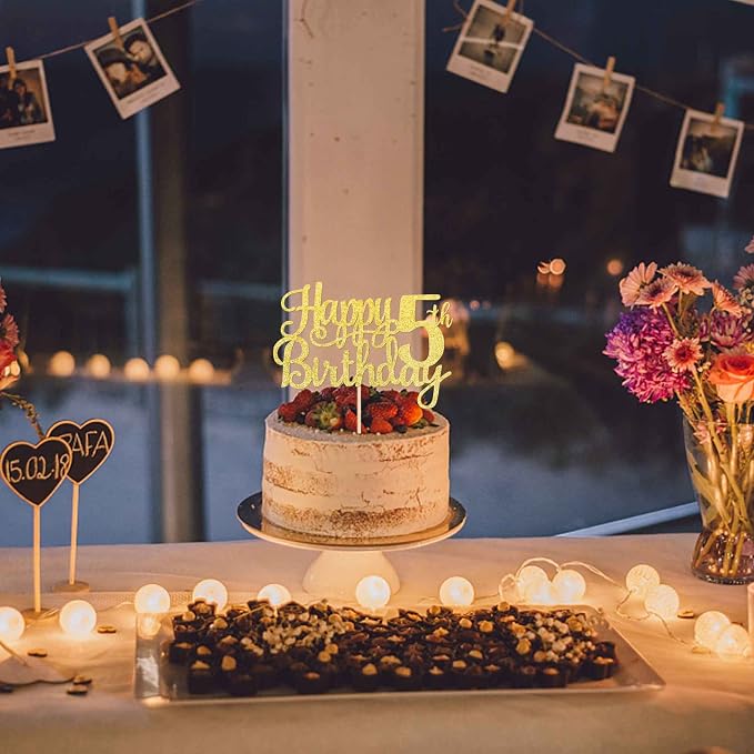 1 PCS Happy 5th Birthday Cake Topper - Gold Glitter Cheers to 5 Years - Fabulous Cake Decoration for 5th Birthday Theme Party