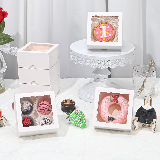 100 Pcs 4x4x2 Inch Chocolate Truffle Pastry Gift Boxes Bakery Boxes Cookies Soap Box Dount Box Chocolate Covered Strawberries Boxes Cake Treat Box for Party Favors