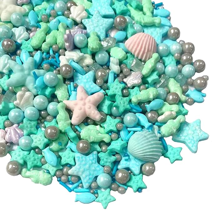 PhilaeEC Blue Ocean Sprinkle Hippocampi Starfish Shell Pearl Fish Mix Candy Edible Sea Theme Party Cake Decoration Baking Cookie Cupcake Toppers Valentines Halloween Christmas Supplies 3.35oz