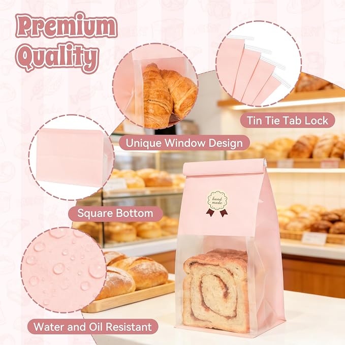 100 Bakery Bags with Window, 5.1x3.9x11 Inches Paper Bread Bags, Tin Tie Tab Lock Cookie Bags Food Storage Bag for Snacks, Popcorn, Candies, 120 pcs Stickers Included (100, Medium)