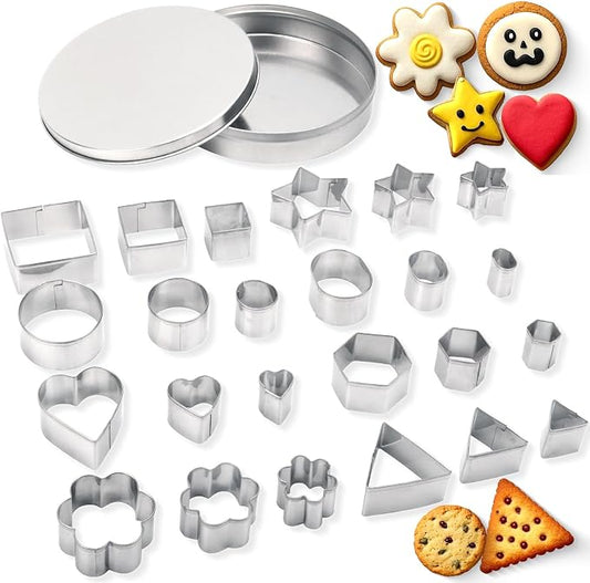 ofone Small Cookie Cutters Geometric Shapes Set, 24 Mini Fondant Cutter - Star Heart Flower Square Triangle Oval Circle Hexagon, Tiny Stainless Steel Biscuit Molds for Baking Dough Pastry Clay Fruit