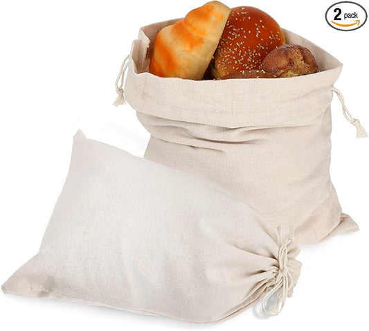 Linen Large Drawstring Storage Bags, 2Pcs Reusable 12 x 16 in Cotton Bread Bags Keeps Bread Fresh for Dinner Party & Bakery