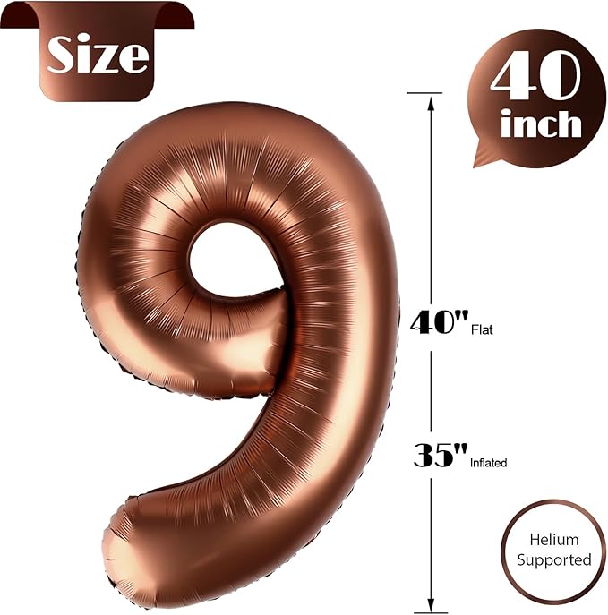 Dark Brown 9 Balloon, Coffee Brown Number Balloons 40 Inch, 9th Giant Chocolate Birthday Decorations for Boys Girls,19th 29th Party Decorations Supplies, Number 9 Balloon