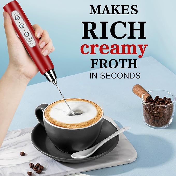 Milk Frother Handheld with Stand, Electric Whisk 3 Speed Adjustable, Drink Mixer with Stainless 3 Whisk, Rechargeable Hand Frother Wand, Foam Maker for Latte Cappuccino Hot Chocolate Egg Red