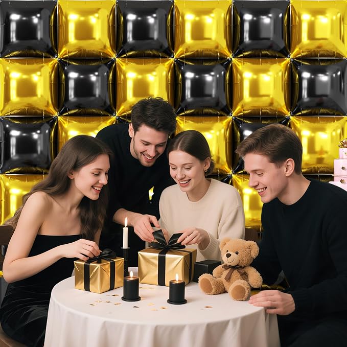 NISOCY 36PCS Black Gold Square Foil Balloons Wall Backdrop Double Sided Metallic Black Gold Balloon Arch Kit New Years Birthday Graduation Anniversary Engagement Bridal Baby Shower Party Decorations