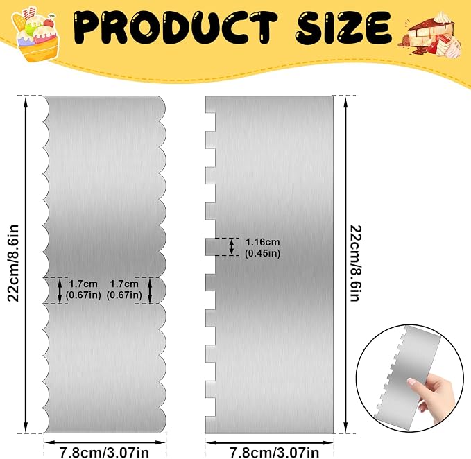 9 Inch Stainless Steel Cake Scraper Set Metal Cake Scraper Large Double Sided Patterned Stripe Edge Smoother for Mousse, Cream Decoration (2)