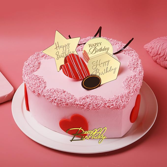 24 PCS Gold Acrylic Cupcake Toppers 8 Styles Happy Birthday Cake Topper Engraved Cake Picks for DIY Party Decoration