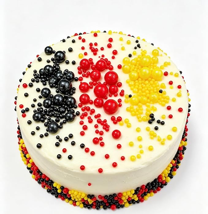 HeDeon&Rles Black Red Yellow Nonpareil Pearls Sprinkles for Baking Decorating 90g/3.17oz 4 Size Mix Edible Preals for Cake Cupcake Pancake Icing Decoration Independence Christmas Halloween Supplies