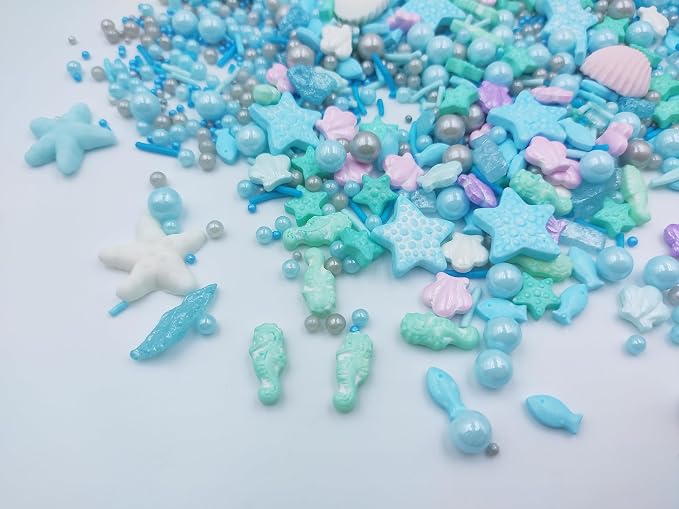 Edible Rainbow Ocean Mini Seahorse Candy Sprinkles Starfish Dessert Sprinkle Shell Cake Cupcake Toppers Pearl Cookie Decorations Sweet Personalities Candy Sprinkles for Cake Decorating, 3.53 oz
