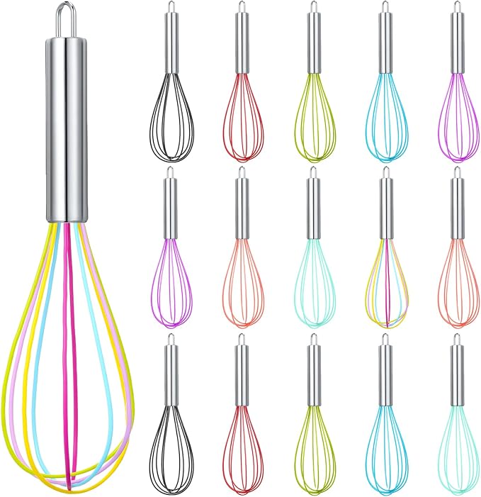 Domensi 16 Pcs 10 Inch Whisks Bulk for Cooking Silicone Whisks Non Scratch Stainless Steel Hand Coated Metal Heat Resistant Egg Beaters for Classroom Cook Party Favor Gift Supplies