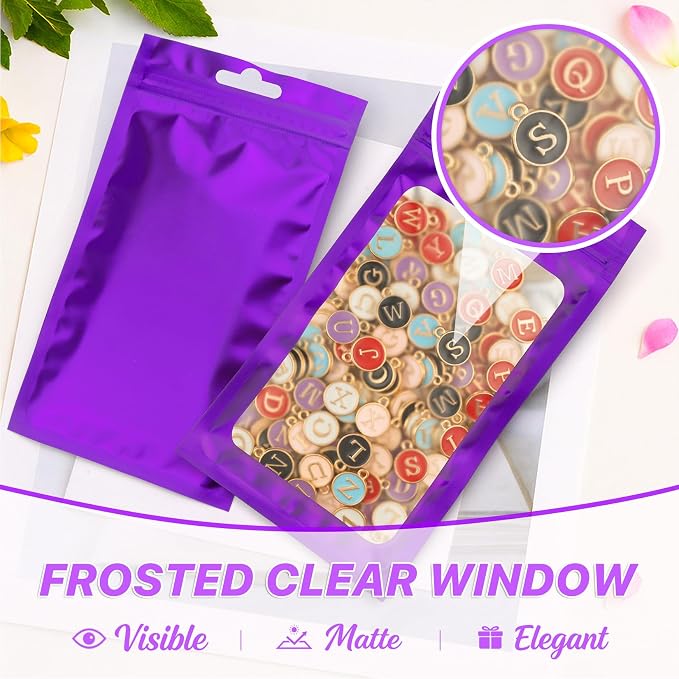 100 PCS Resealable Mylar Bags with Zipper and Frosted Clear Window Smell Proof Bags Packaging Bag Foil Pouch Zipper Bag for Food Self Sealing Storage Supplies (Purple, 3.54x6.29)
