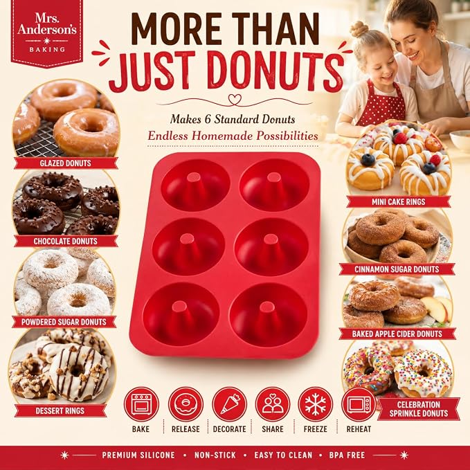 Mrs. Anderson's Baking Silicone Donut Pan, 6 Cup, European-Grade Silicone Bakeware, For Donuts And Dessert Rings