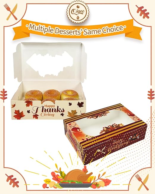 qiqee Thanksgiving Cookie Box with Window 9x6x2.5 inch 15Pcs Pastry Macaron Thanksgiving Leaves Bakery Box For Thanksgiving Day