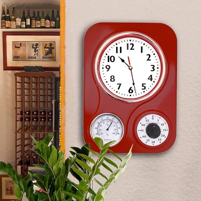 Lily's Home -9 Inch x 12.5 Inch -Retro Kitchen Wall Clock, Vintage Wall Clock with a Thermometer and 60-Minute Timer, Ideal for Any Kitchen, Office, or Diner (Retro Red)