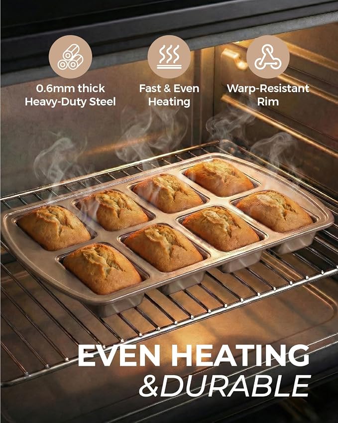 CARTMAN 2-Pack 8-Cavity Mini Loaf Pans Set with Spatula & Brush – 15.5” x 10” Nonstick Carbon Steel Small Bread Pan for Banana Bread, Meatloaf & Keto Snacks Champagne Gold