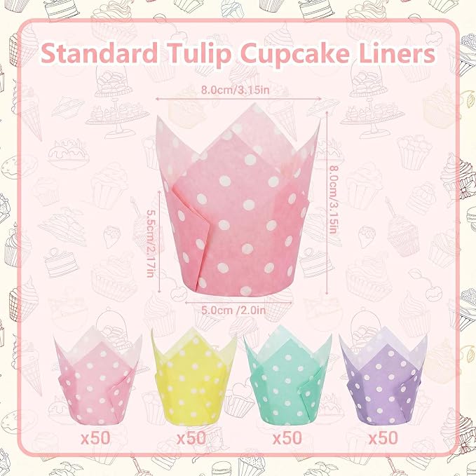 200 Pcs Pastel Tulip Cupcake Liners for Baking, Color with Polka Dot | Standard Greaseproof Tulip Muffin Liners for Baking, 3oz Paper Cupcake Wrappers for Party Wedding Birthday