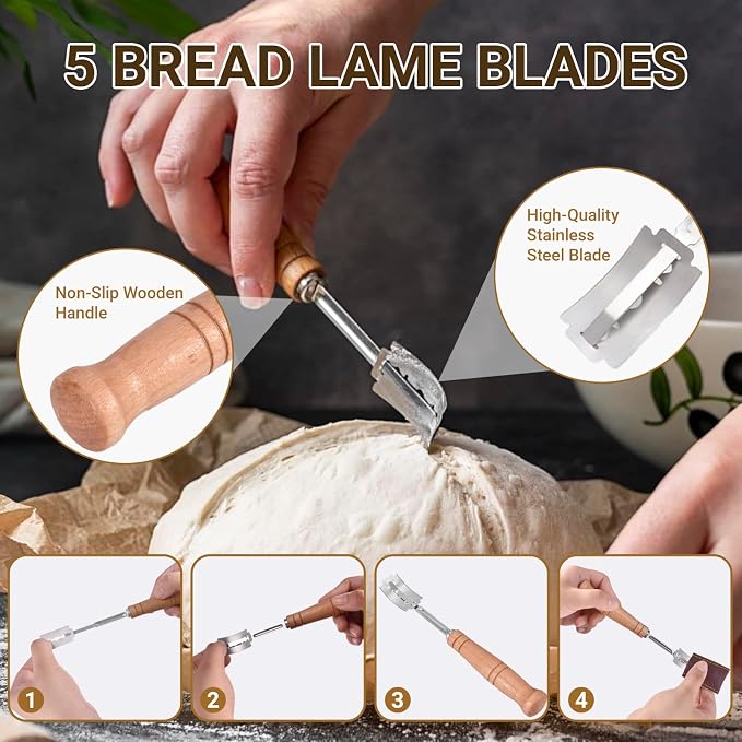 7-Piece 9 Inch Round Proofing Basket, Complete Sourdough Starter Kit with Linen Liner & Tools, Sourdough Bread Baking Supplies & Making Accessories Gift Set - Send Goods from Local Warehouse (1 Pack)