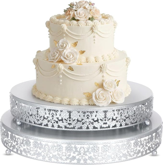 Wenqik 2 Pack Cake Stand Set, 14/16 Inch Metal Round Cupcake Dessert Stand Decorative Elegant Cake Display for Weddings Party Birthday Baby Showers Anniversary(Classic Floral,Silver)