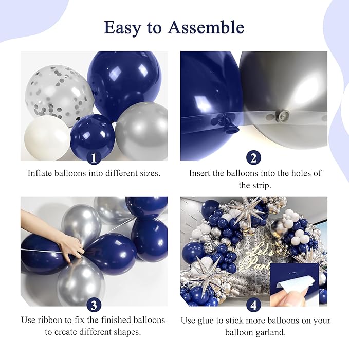 130pcs Navy Blue and Silver Balloon Garland Arch Kit with 3pcs Silver Star Balloons, Royal Blue Metallic Silver White Balloons for Birthday Baby Shower Wedding Graduation Party Decorations