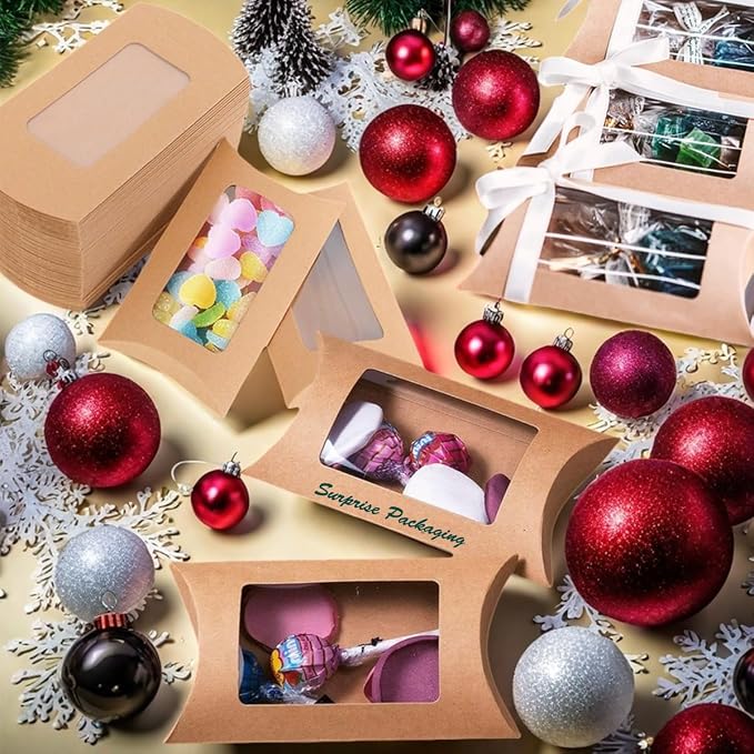 50 Pcs Pillow Gift Boxes with Windows,Kraft Paper Mini Pillow Packaging Box, Creative Favor Box Folding Treat Boxes with Clear Window for Bakery Candy Chocolate Jewelry Display Wedding Party Favor (kraft 50Pcs)